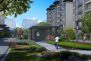 小区优美景观与行人漫步