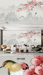 中式古风花鸟背景墙装饰壁画