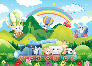 卡通山谷可爱动物火车儿童背景墙