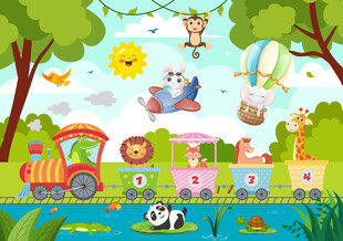 卡通丛林可爱动物火车儿童背景墙