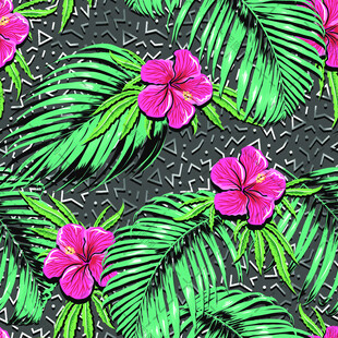 粉色花朵与绿叶热带图案