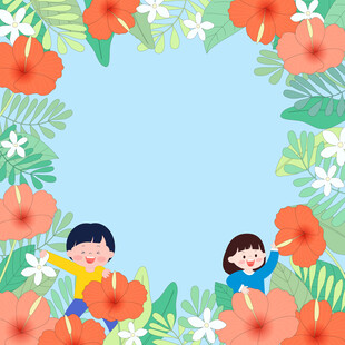 红色凌霄花孩子花丛玩耍植物边框