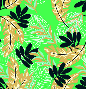 热带植物绿叶金色花纹图案
