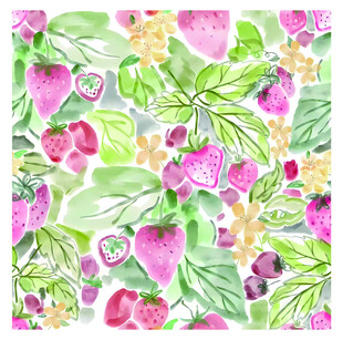 水彩风草莓绿叶花卉图案