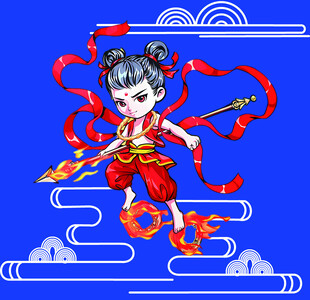 哪吒持红缨枪腾云英姿飒爽