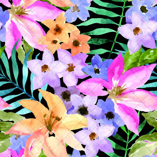 多彩花卉与绿叶水彩画