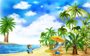 卡通沙滩企鹅儿童房背景