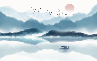 水墨山水孤舟飞鸟壁画