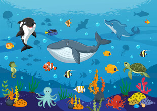 海洋世界卡通鲸鱼海豚海底背景墙