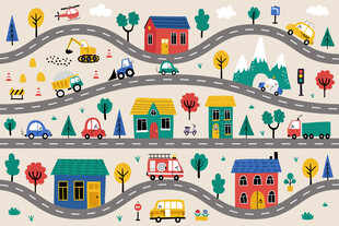 卡通城市道路汽车房子儿童背景墙