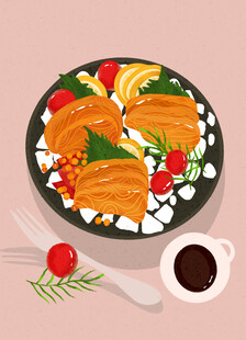 美味三文鱼日式料理拼盘手绘插画