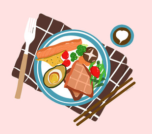 丰盛美味的三明治餐食拼盘手绘插