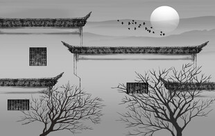 水墨江南月夜古建筑壁画