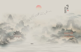 中国风屏风水墨意境山水风景背景