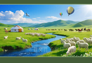 草原河流羊群蒙古包