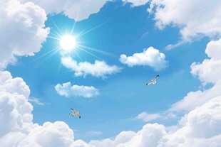 蓝天白云下的梦幻飞行场景