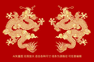 祥瑞金龙双龙戏珠龙纹升龙线描龙