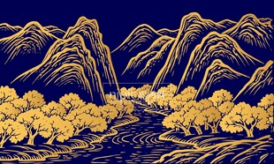 金色线描山水画树木古风