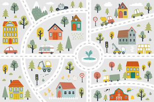 卡通城市道路汽车房子儿童背景墙