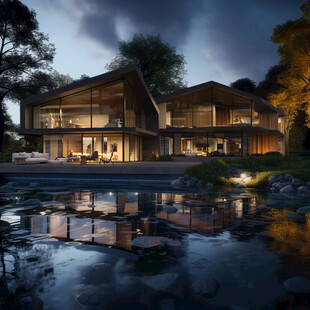 湖畔夜景中的温馨豪华别墅