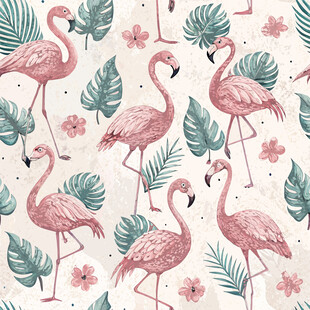 粉色火烈鸟与绿植花卉图案