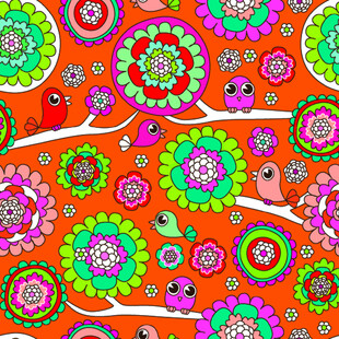 多彩花卉小鸟图案背景