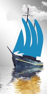 蓝色帆船在水面悠然航行