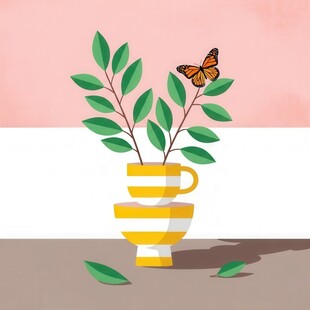 杯中绿植与蝴蝶的惬意画面