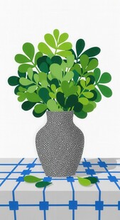 花瓶中绿植置于蓝格桌