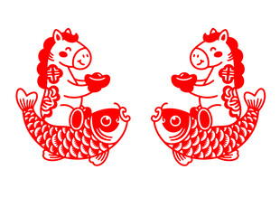 矢量剪纸风格马双鱼童子剪纸图案