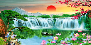 流水生财瀑布山水画