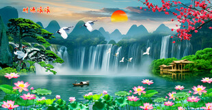 高山流水瀑布山水画