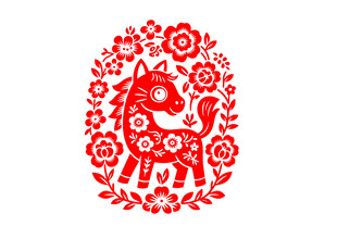 红色剪纸风生肖马图案