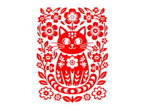 红色剪纸风可爱猫咪图案