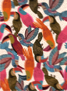 多彩花鸟图案布料纹理