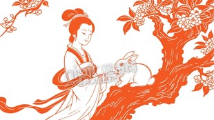 线描嫦娥玉兔桂花树