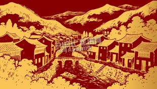 手绘乡村河流小桥线描背景