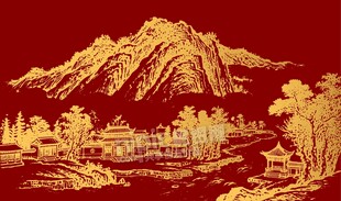 线描古风建筑山水画背景