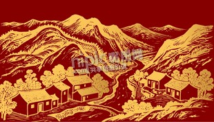中国风山川河流村庄线描背景