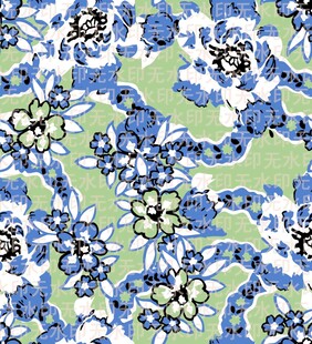 蓝白花卉绿色底纹图案
