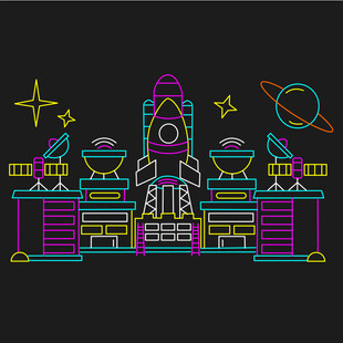 彩色线条勾勒的航天场景霓虹灯