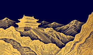 中国风山脉道观山水画