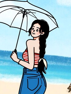 海滩上撑伞的时尚女子