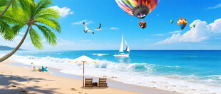 蓝天大海沙滩椰树背景墙