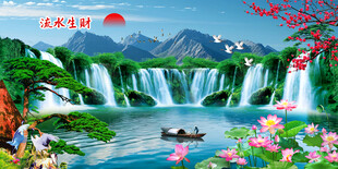 迎客松瀑布山水画