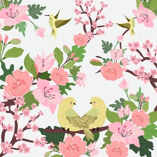 春日繁花间的双鸟图景数码印花四