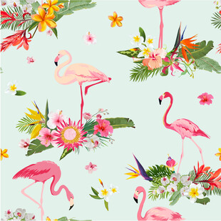 火烈鸟与花卉的清新图案数码印花