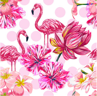 火烈鸟与花卉的梦幻图案数码印花