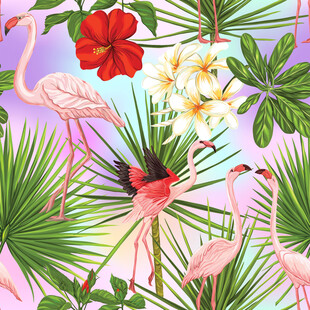 火烈鸟与热带花卉图案 数码印花