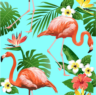 火烈鸟与热带植物插画数码印花